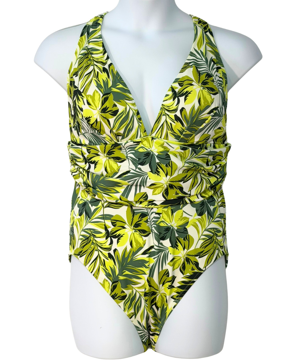 Adore Me Sz 1X 1 Pc Monroe Swimsuit Ruched Waist Tropical Green Leaf 10092